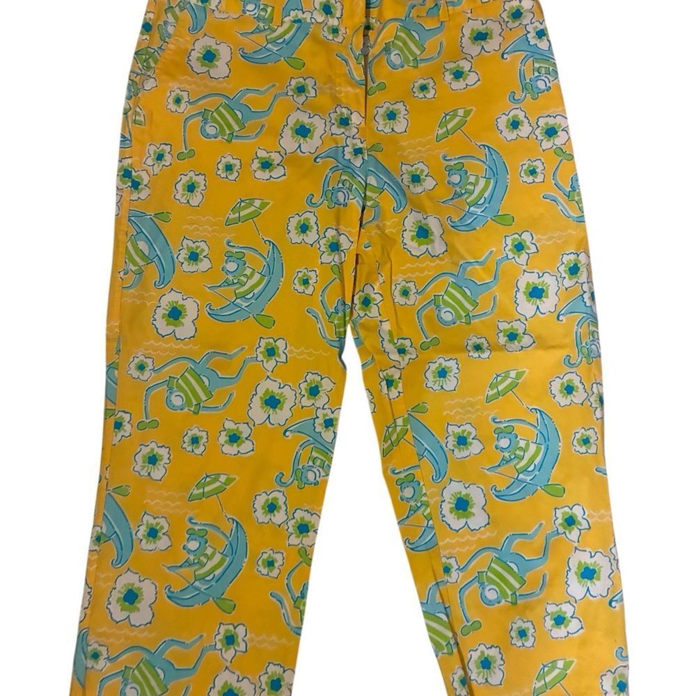 Lilly Pulitzer Vintage Yellow Floral Print Pants with Aqua Accents